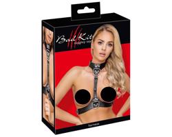 Bad Kitty - čierny postroj s D-krúžkami v koženom vzhľade