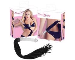 Bad Kitty - kožený bičík so skleneným dildo (priehľadno-čierny)