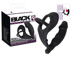 Black Velvet - análne vibrátor s krúžkom na penis a semenníky (čierny)