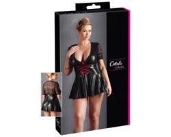 Cottelli Plus Size - lesklé šaty s červeným korzetom (čierne)