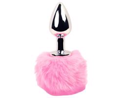 FEELZTOYS - kovový análny kolík so zajačím chvostom (strieborný-ružový)