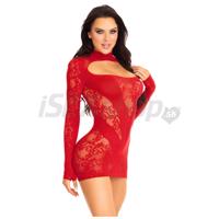 Sieťované mini šaty červené s dlhými rukávmi